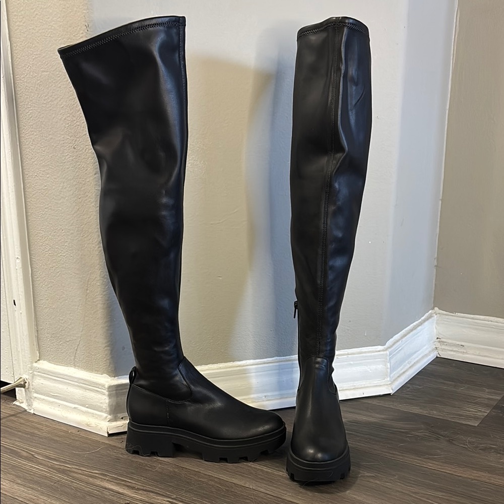 Open Edit - NWOT Evie Lug Sole pleather Over The Knee Black Boots